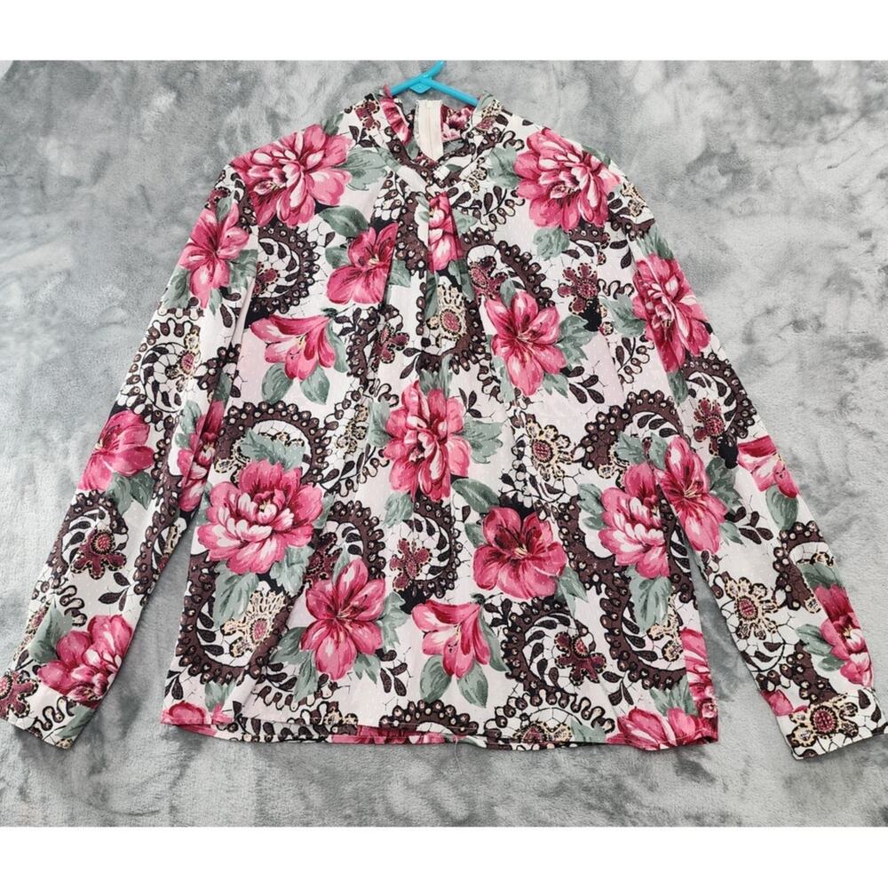 Vintage Pyke LTD Top Womens M Pink Floral High Pleated V-Neck‎ Long Sleeve Zip